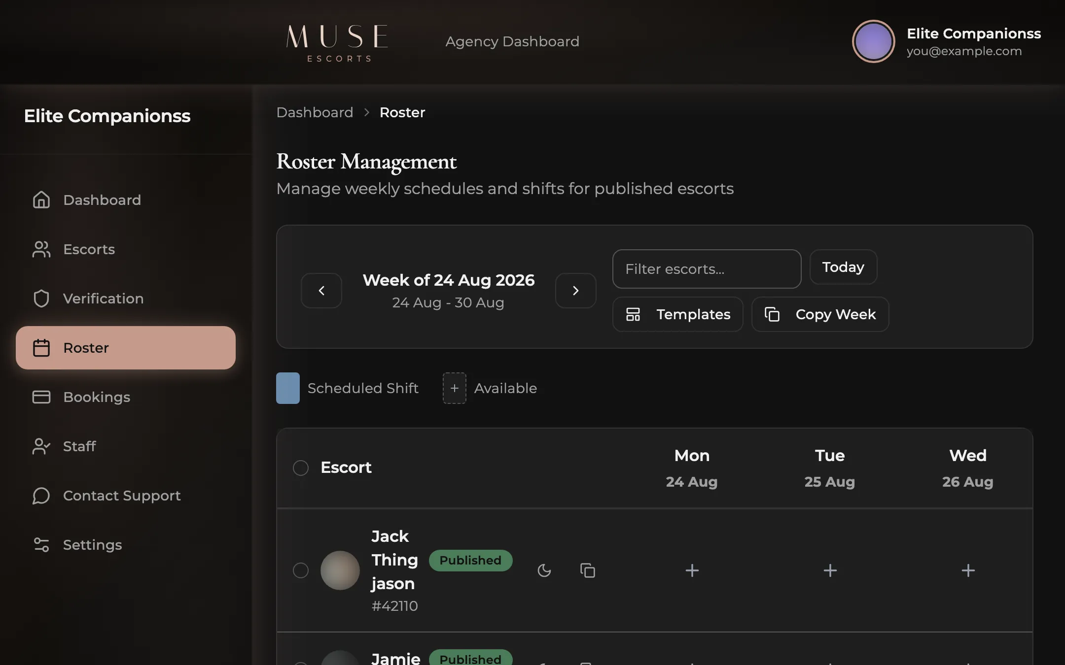 The Muse agency dashboard showing escort management, a verification overview, and roster cards with status badges.