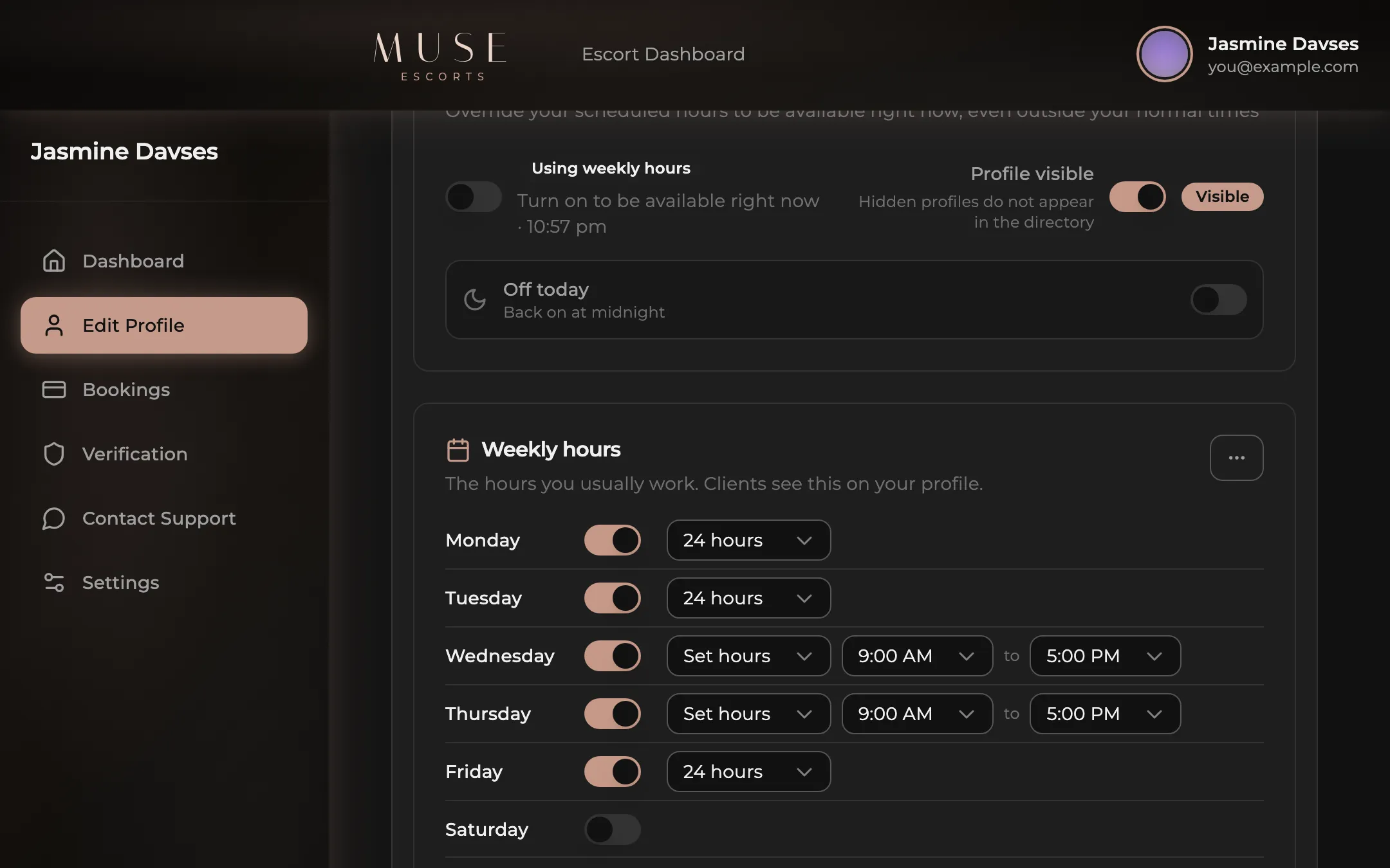 The weekly availability schedule and the Available Now toggle on the Muse dashboard.