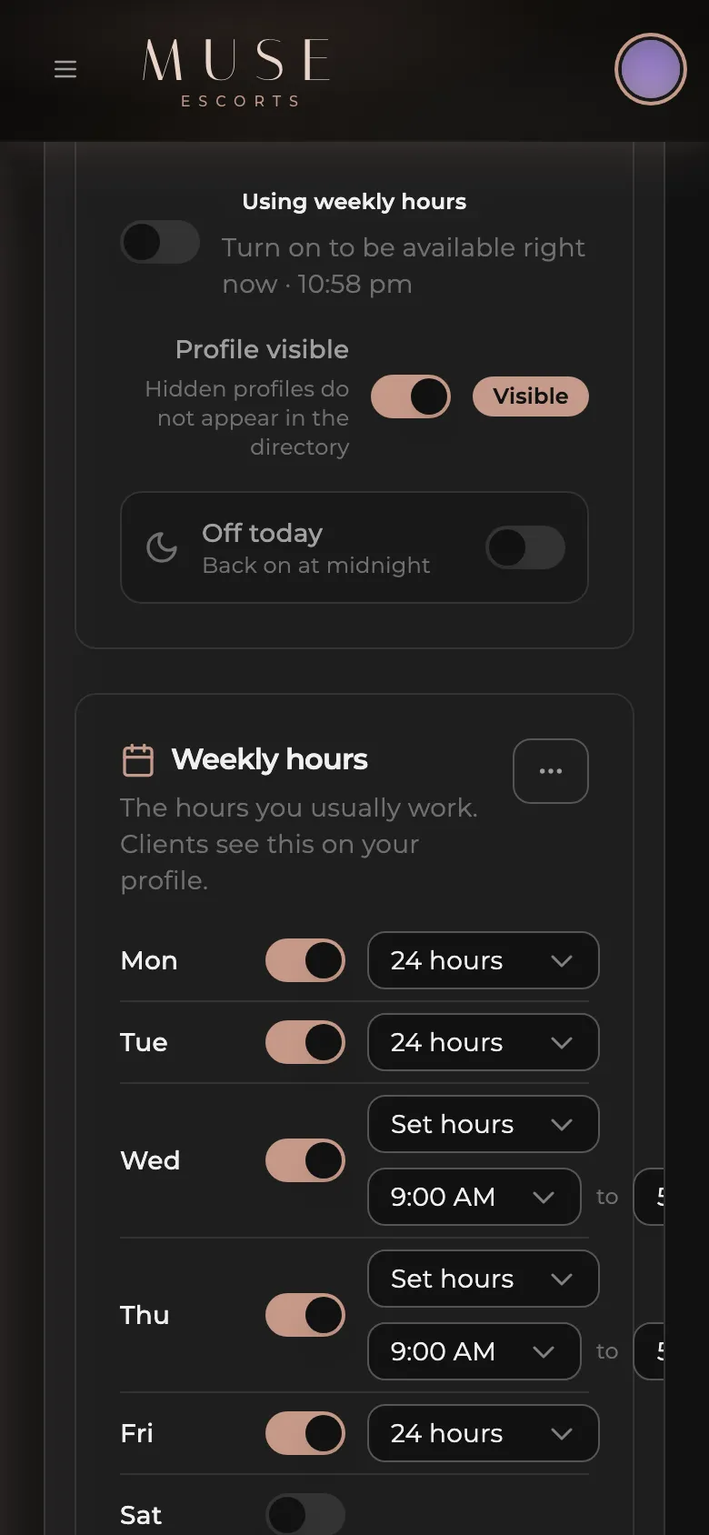 Availability controls on the Muse dashboard on a phone.