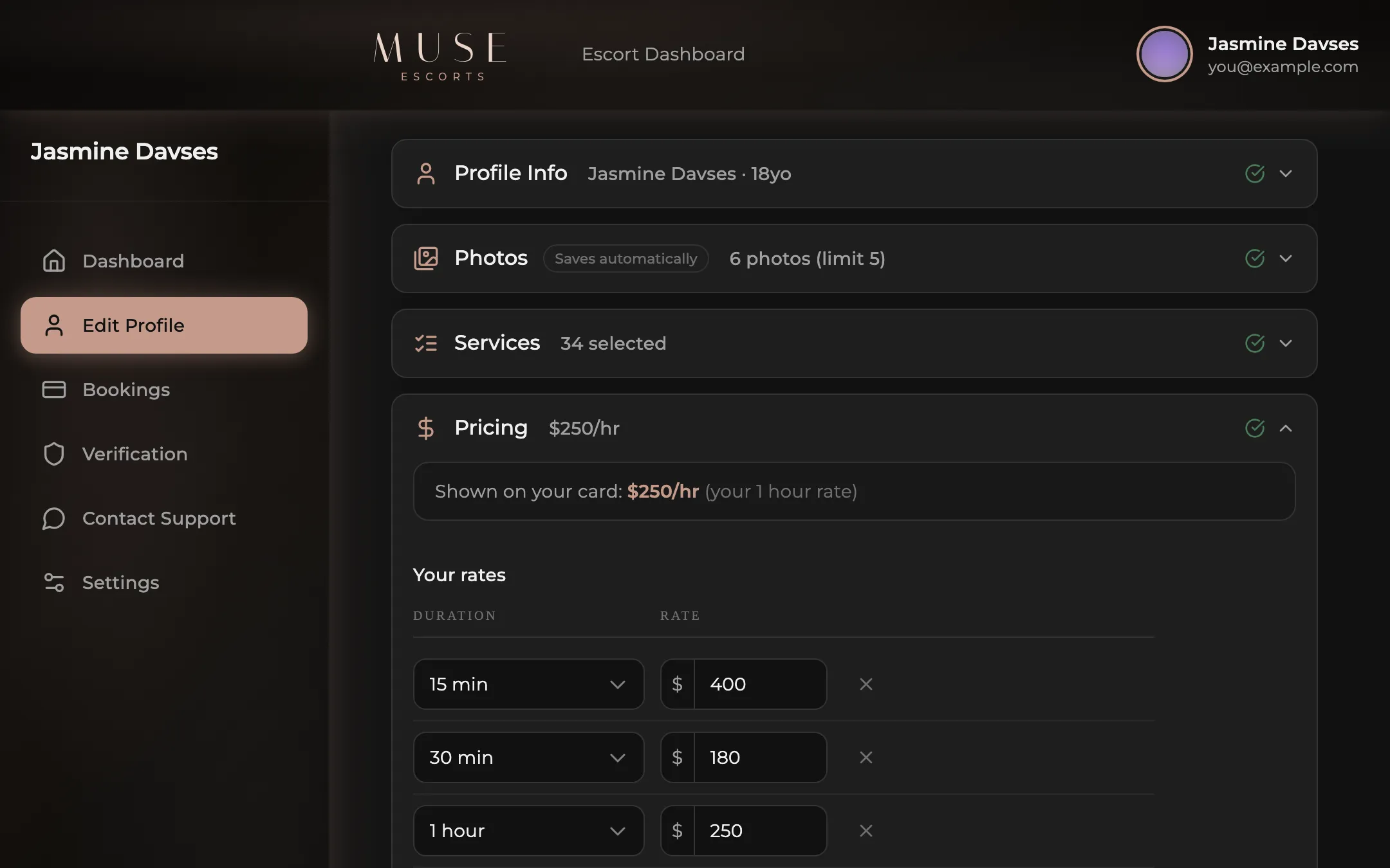 The Muse escort dashboard with the photo gallery open, showing the primary photo and the services and pricing sections below.
