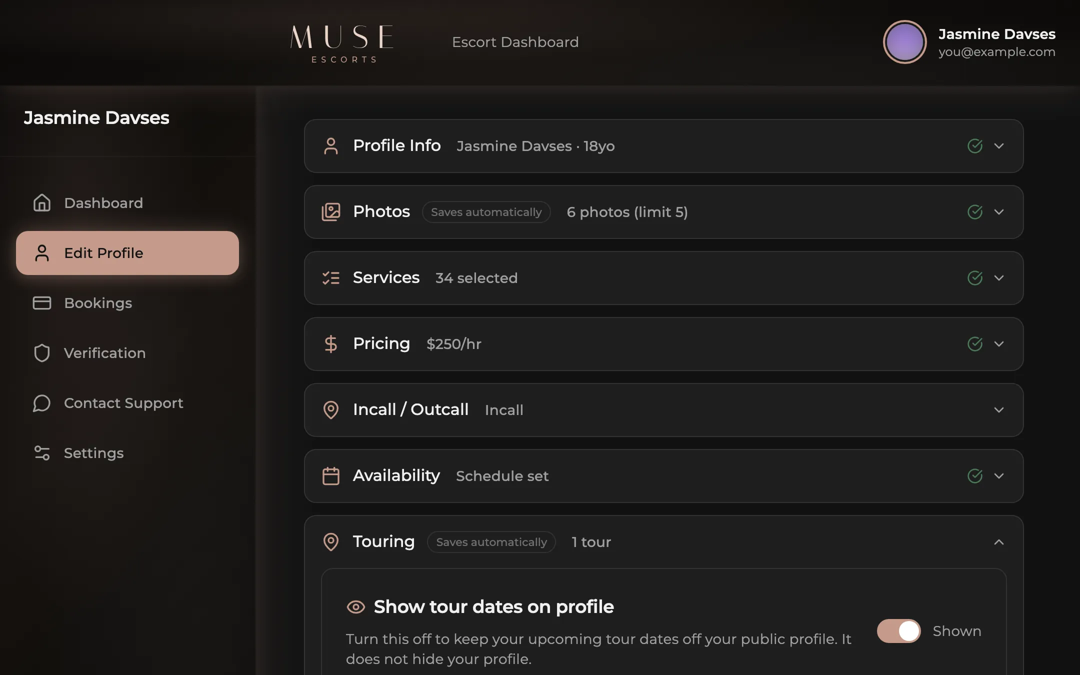 Touring dates being added on the Muse escort dashboard.