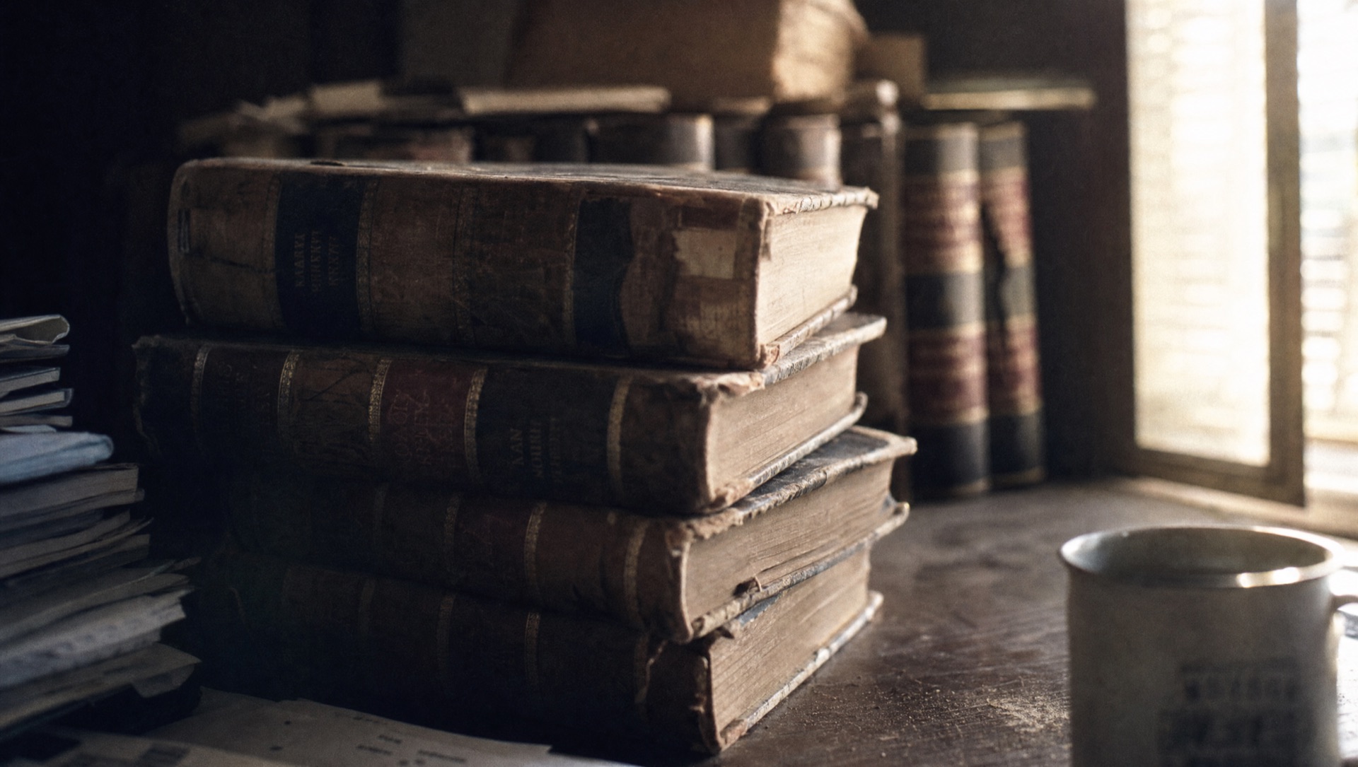 Stack of worn legal volumes on an office desk in soft window light