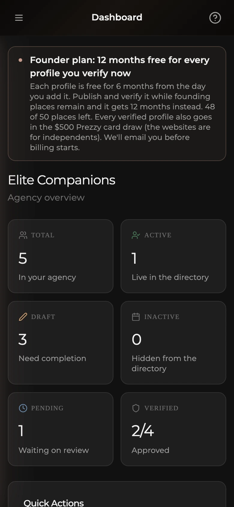 The top of the agency dashboard home on a phone: the founder plan note, the agency name, and the Total, Active, Draft, Inactive, and Pending counts.