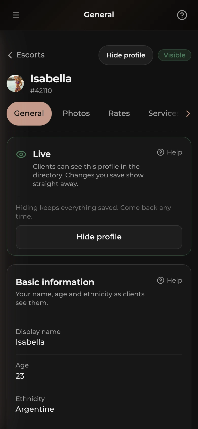 One escort's General page in the agency dashboard: the escort's name and number at the top, the strip of section pills below it, then the profile cards.