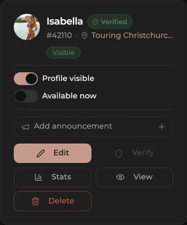 One escort's card in the Escorts list: photo, name, Verified badge, number and location, the Profile visible and Available now switches, the Add announcement field, and the Edit, Verify, Stats, View, and Delete buttons.