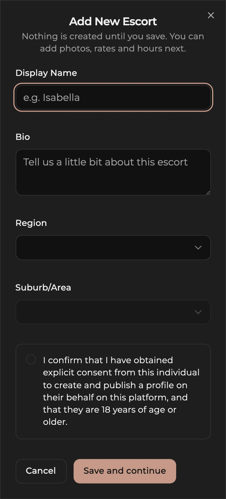 The Add New Escort form with Display Name, Bio, Region, and Suburb/Area fields, the consent tick box, and the Save and continue button.