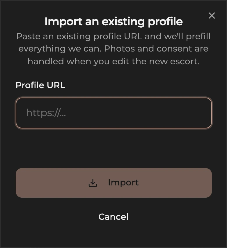 The Import an existing profile form with a URL field and an Import button.