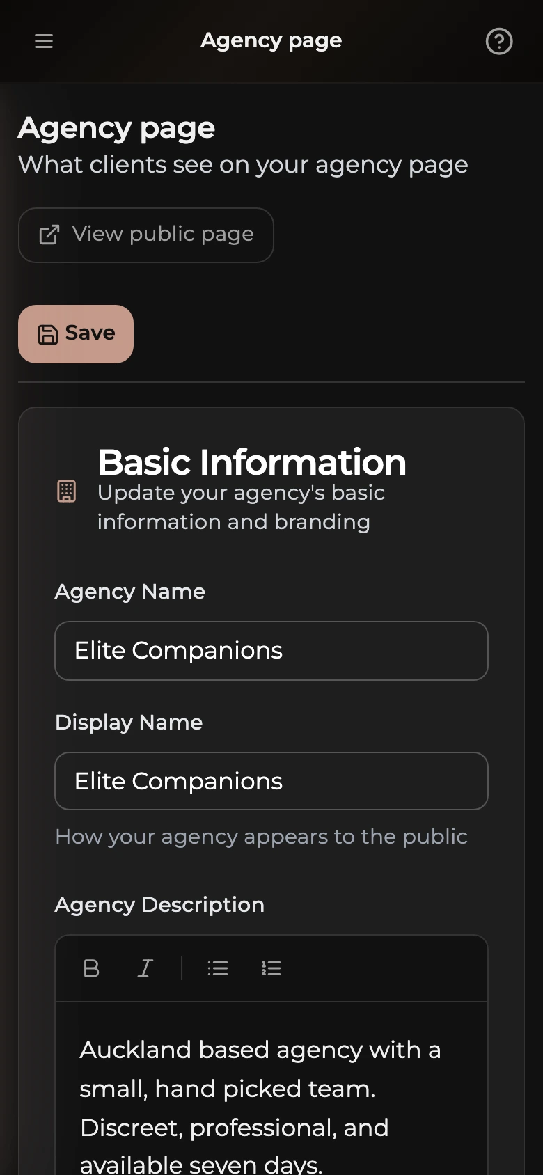 The Agency page settings on a phone: Save and View public page at the top, then the agency name, display name, description, logo, banner, tagline, location, website, socials, contact, operating hours, services, and payment methods.