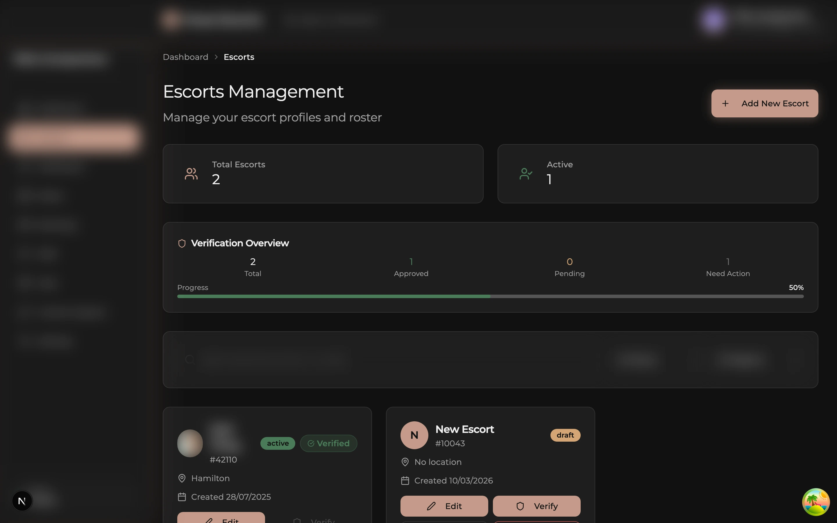 Agency Escorts Management page with the Add New Escort button in the top right