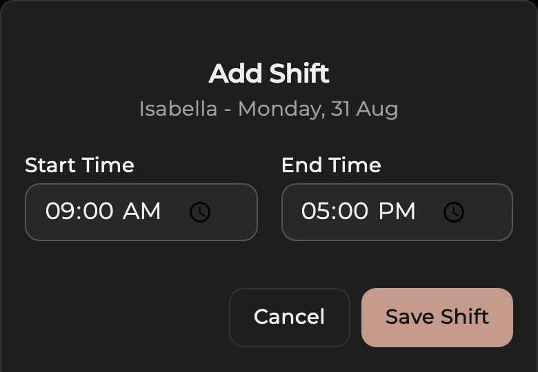 The Add Shift form with Start Time and End Time fields and a Save Shift button.