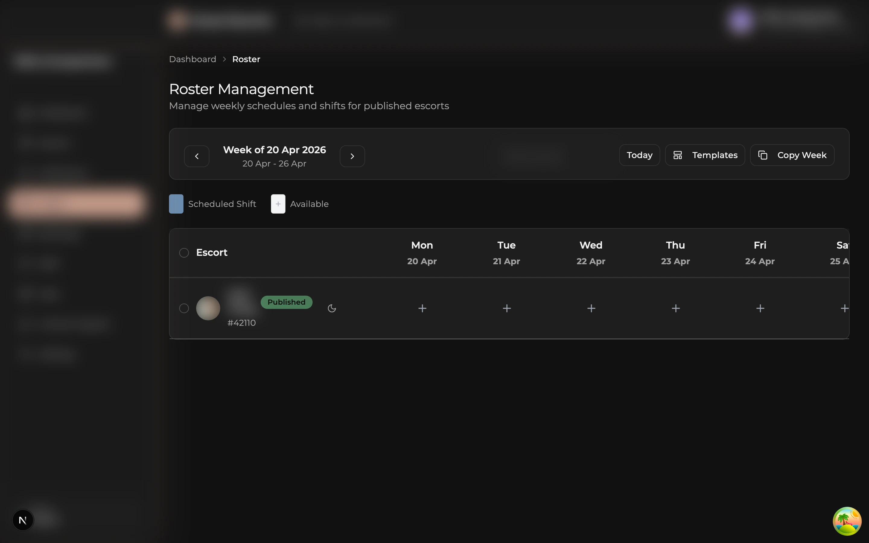 Roster Management page showing escorts as rows and days of the week as columns