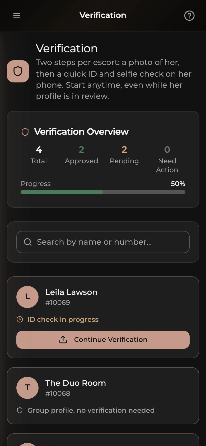 The agency Verification page on a phone: Total, Approved, Pending, and Need Action counts, then one card per escort with her status and a button to start or continue.