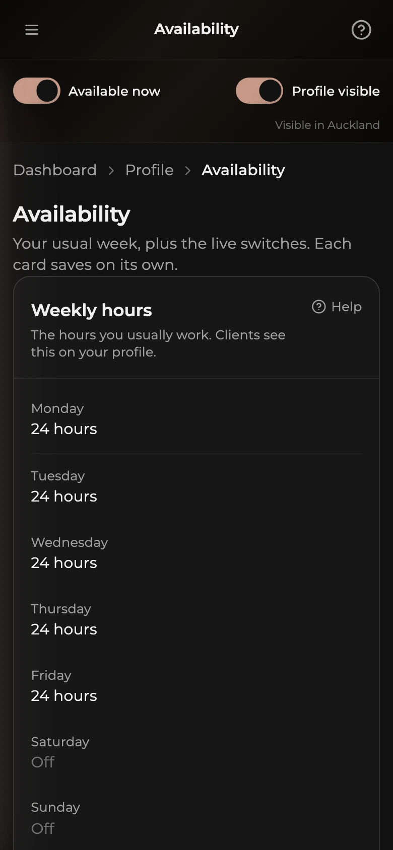 The Availability page on a phone: the Weekly hours card listing each day with its hours. The Available now card sits below it.