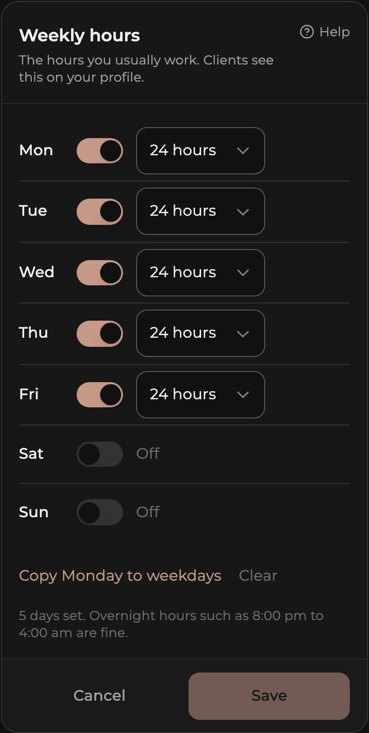 The Weekly hours card in edit mode: a row per day with an on-off switch and an hours dropdown, plus Copy Monday to weekdays and Clear links.
