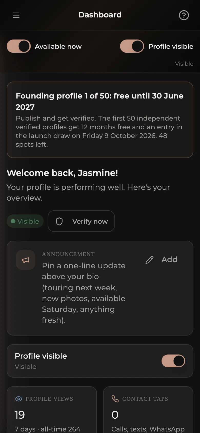 The escort dashboard home on a phone: the Available now and Profile visible switches at the top, the status line, Verify now, the announcement card, profile views and contact taps, and the profile health checklist.
