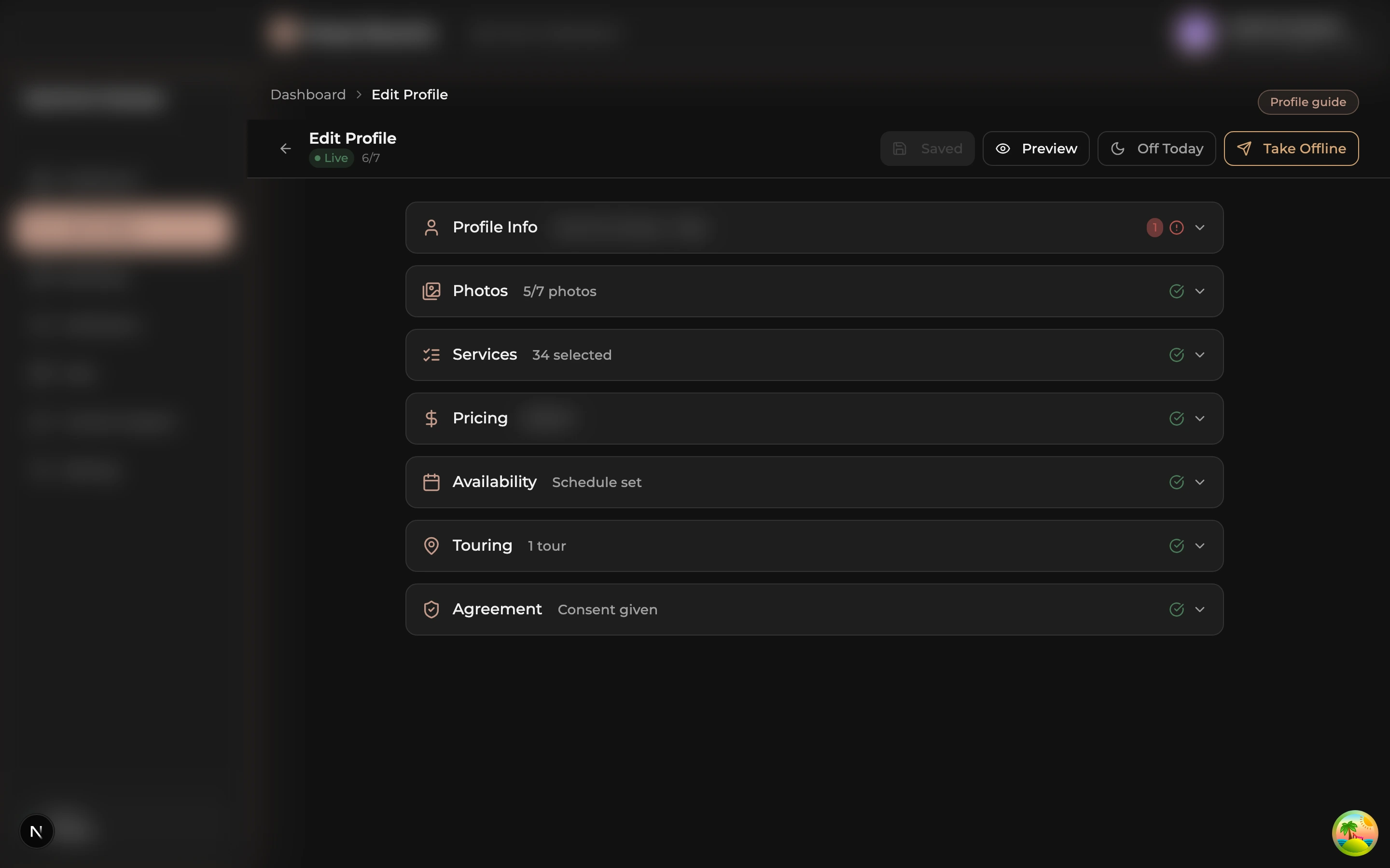 Edit Profile page with seven collapsed sections