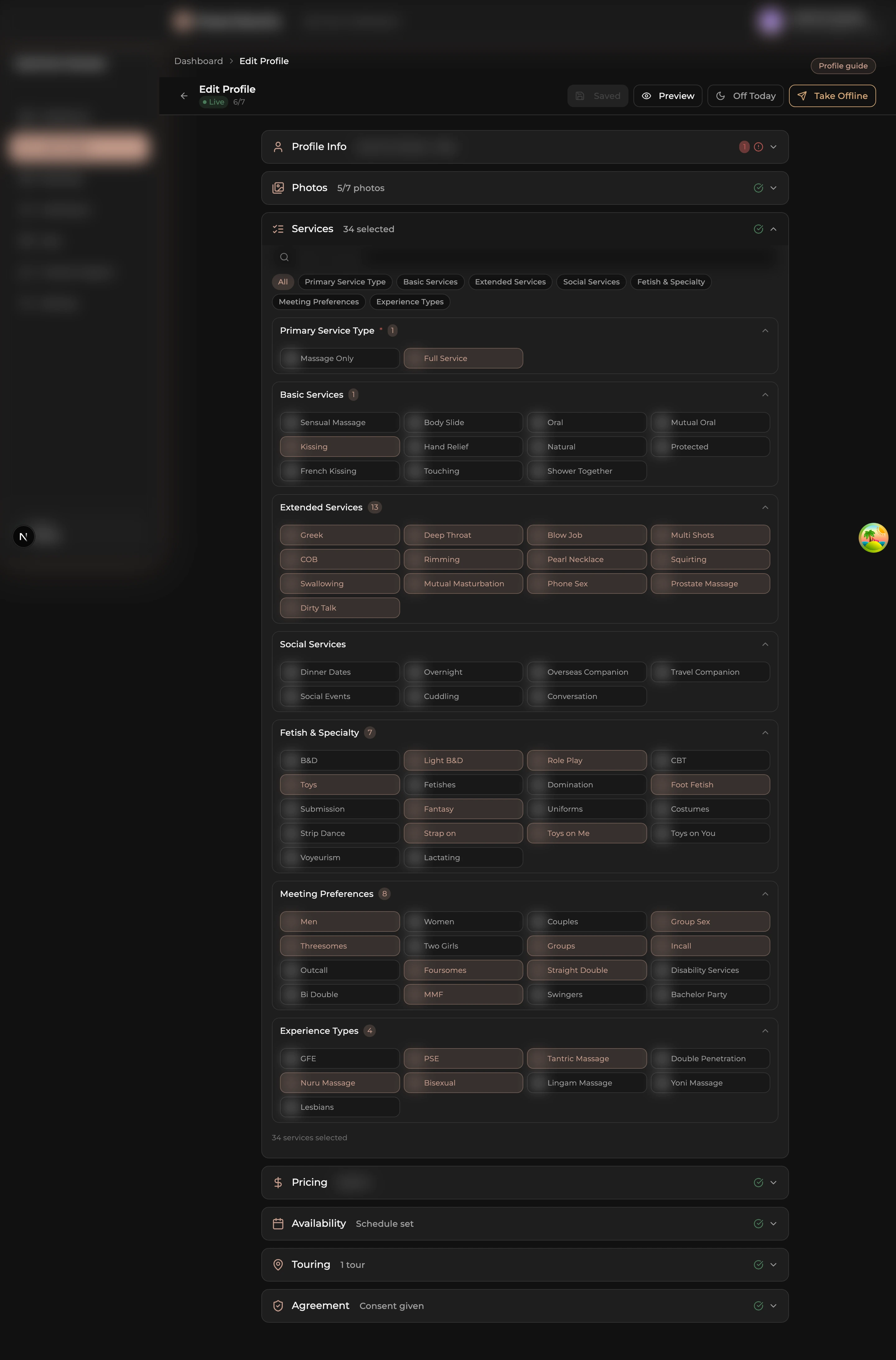 Services section expanded with the toggle list