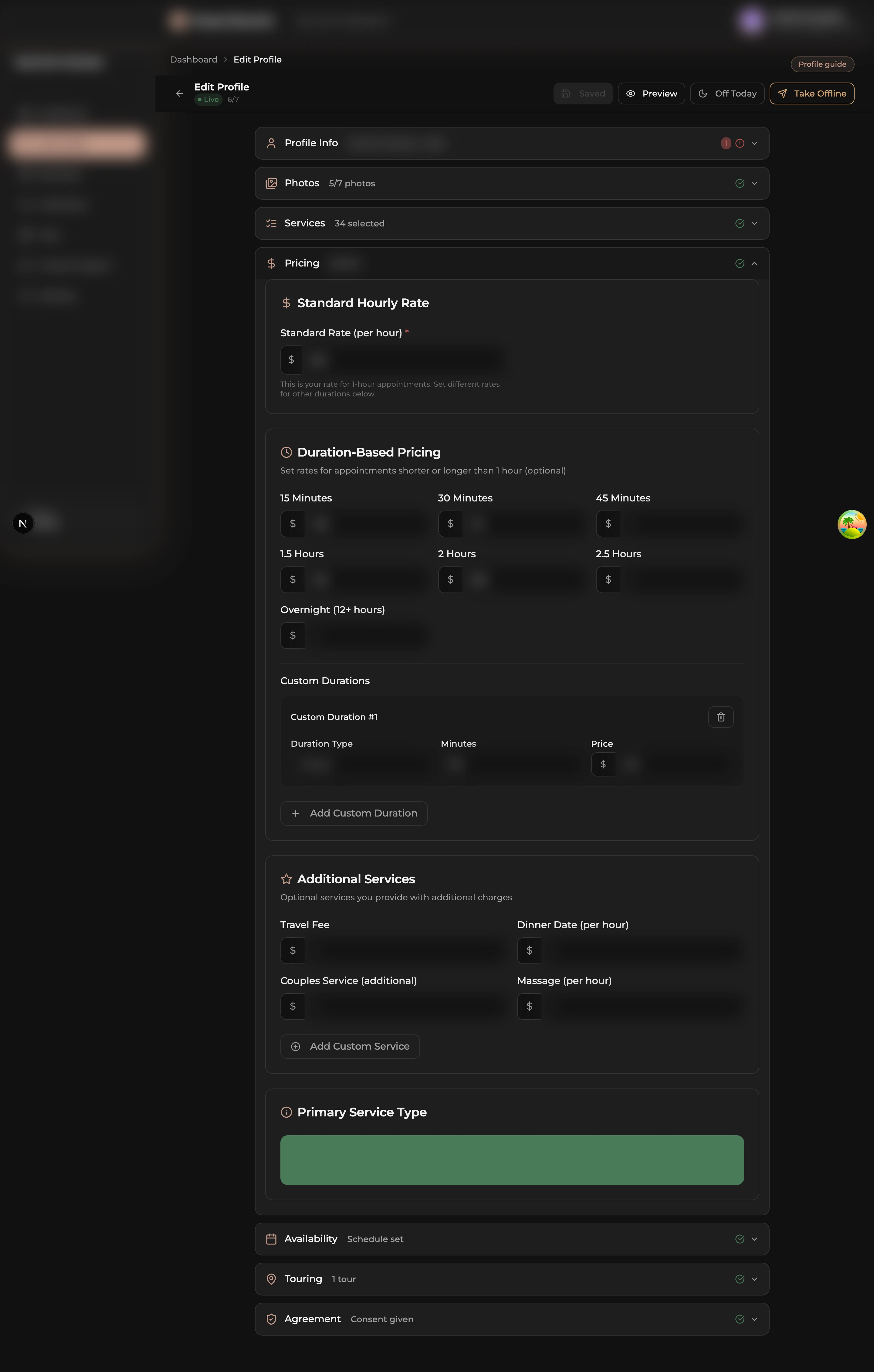 Pricing section expanded with rate fields
