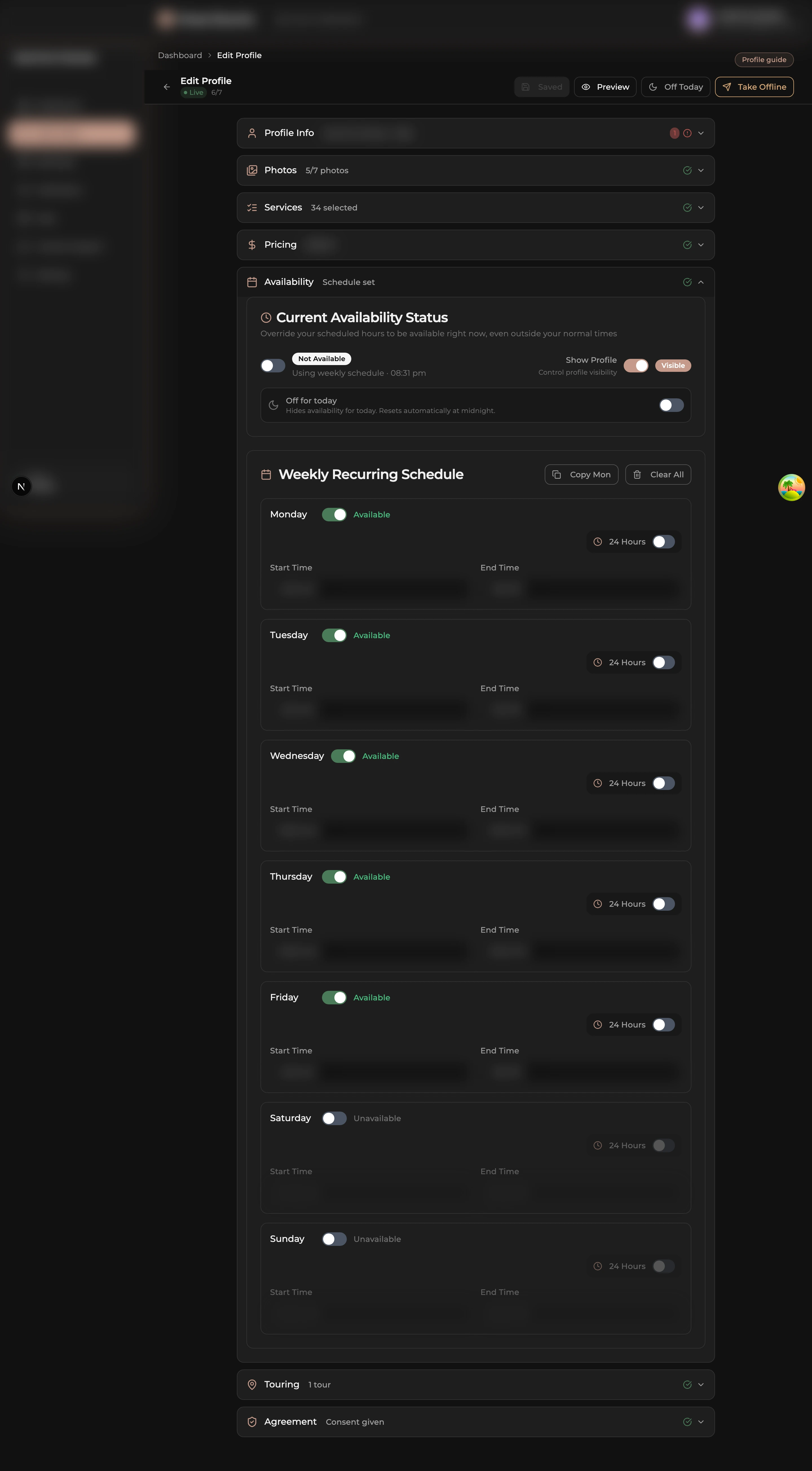 Availability section expanded with weekly schedule