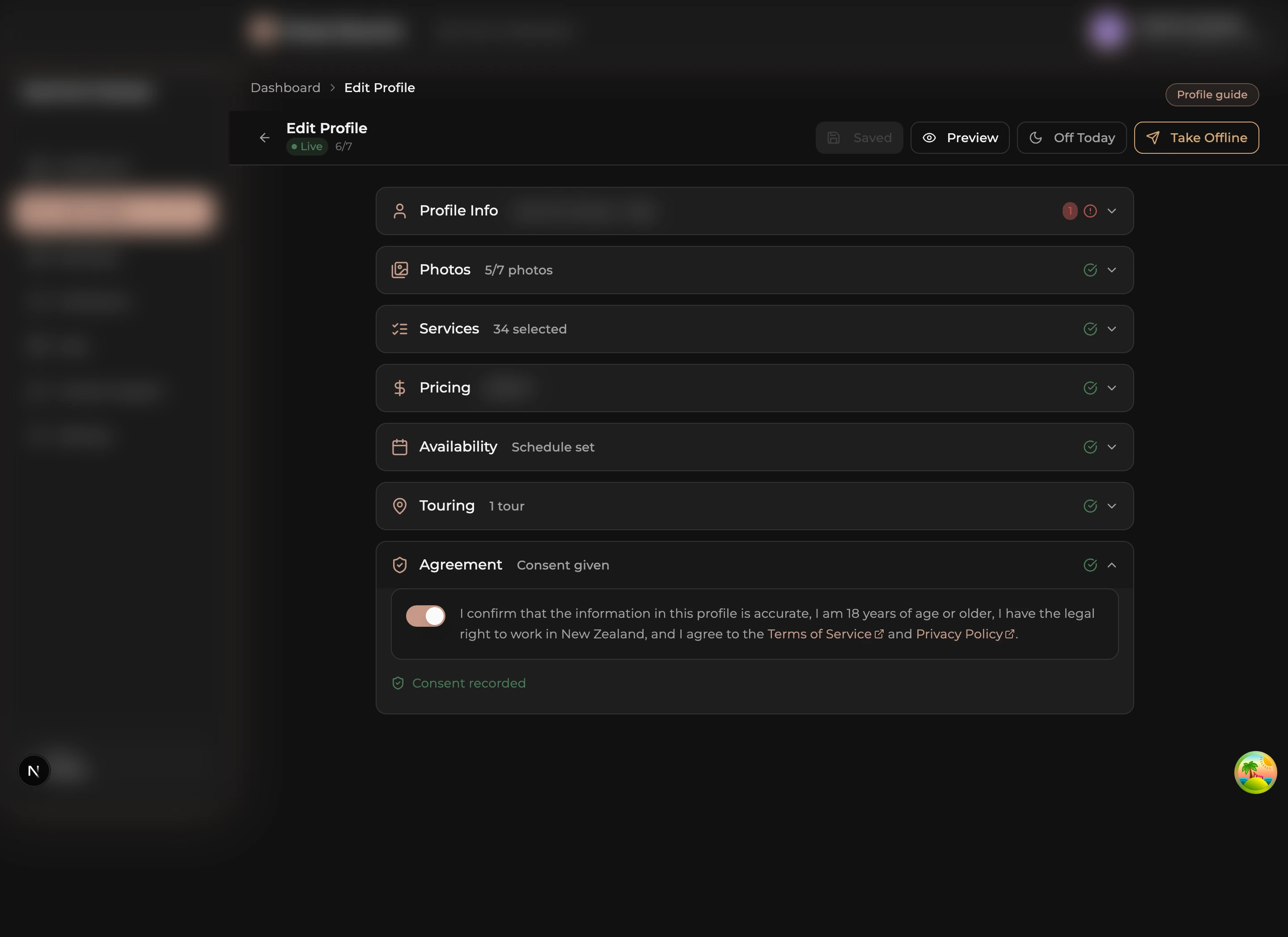 Agreement section with consent checkbox