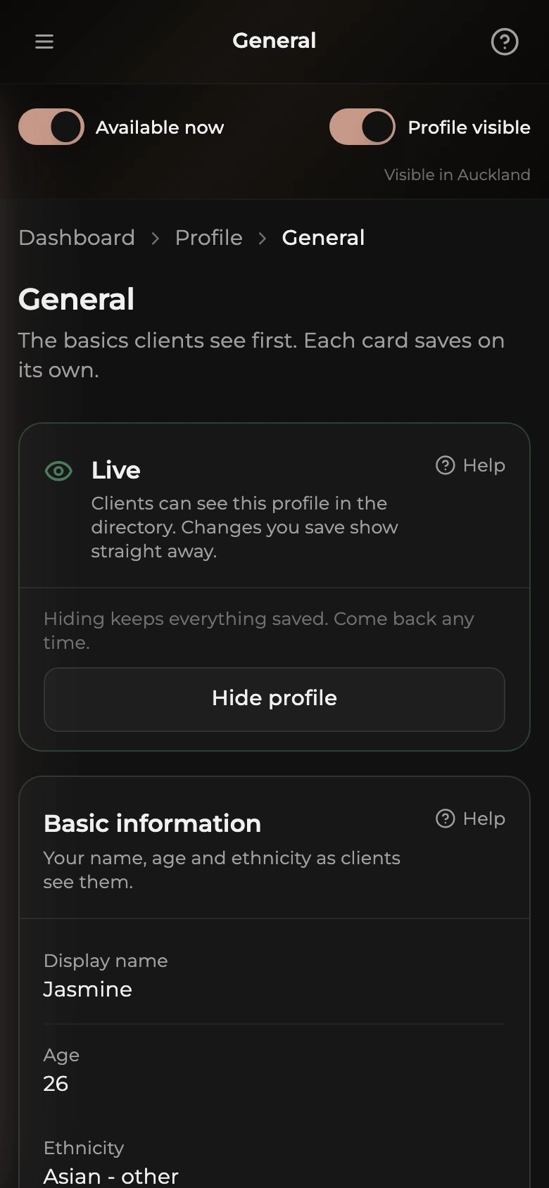The top of the General page on a phone: the Available now and Profile visible switches, then the status card (titled Live here), and the start of the Basic information card.