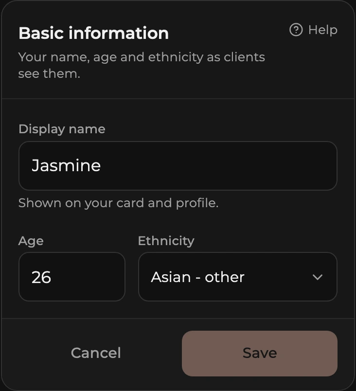 The Basic information card in edit mode with Display name, Age, and Ethnicity fields and Cancel and Save buttons.