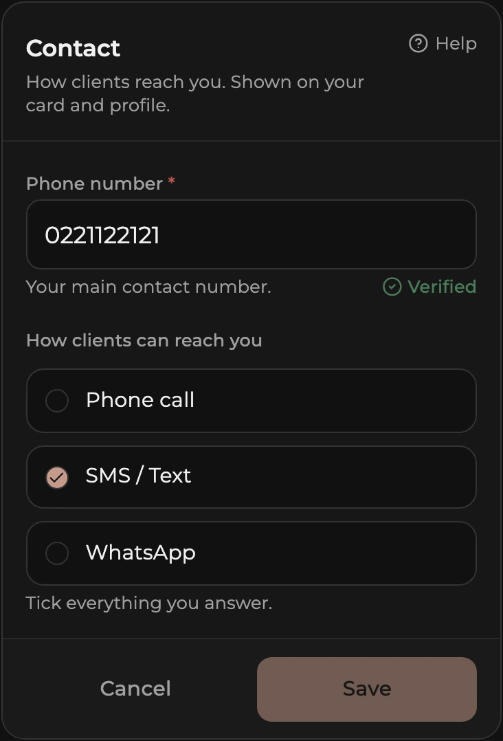 The Contact card in edit mode: the Phone number field with its Verified tick, and three tick boxes for Phone call, SMS / Text, and WhatsApp.