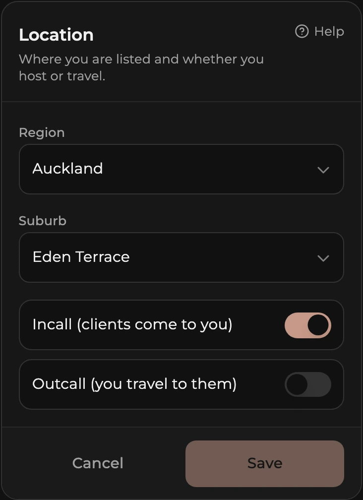 The Location card in edit mode with Region and Suburb pickers and switches for Incall and Outcall.
