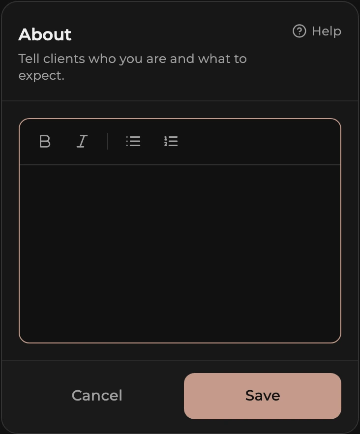 The About card in edit mode with the text editor and its formatting toolbar.