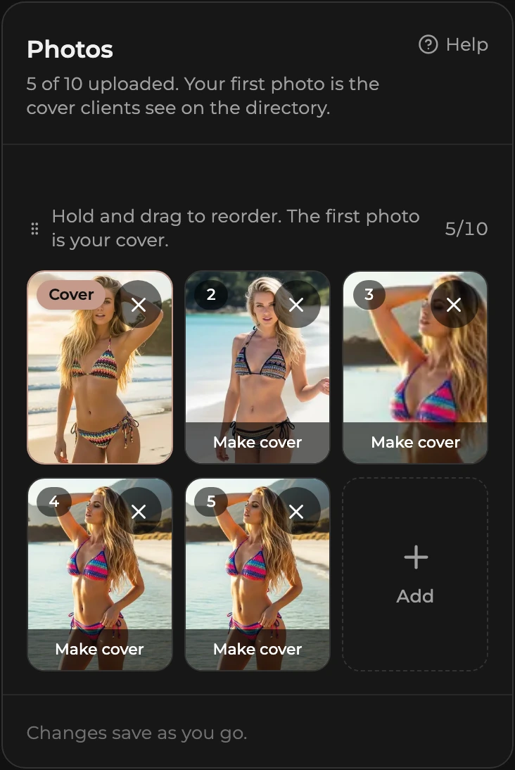 The Photos card on a phone: the photo grid three across, a Cover badge on the first photo, position numbers and a Make cover pill on the others, and a dashed Add tile at the end.
