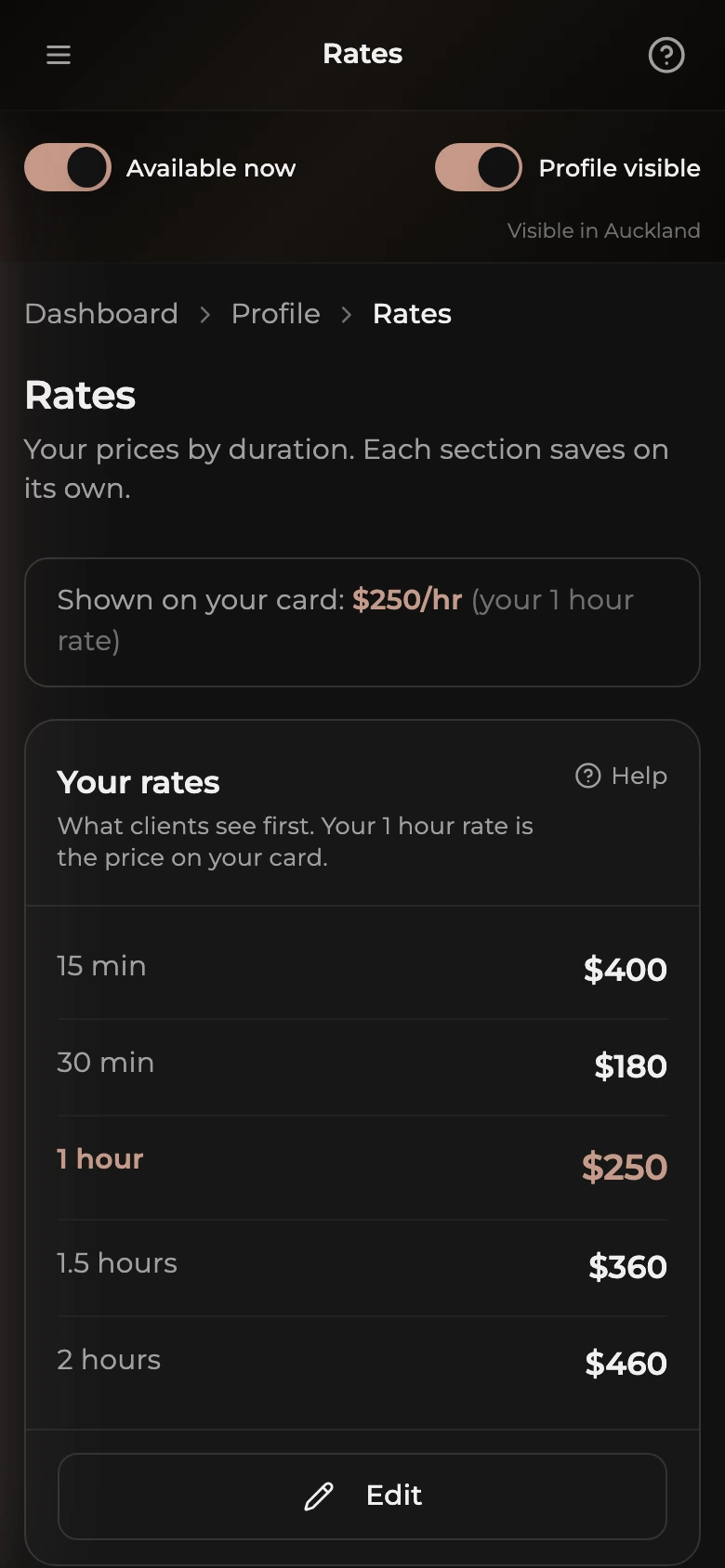 The Rates page on a phone: the Shown on your card strip, the Your rates card listing durations and prices, a Couples section, the Add rate section button, and the Extras card.