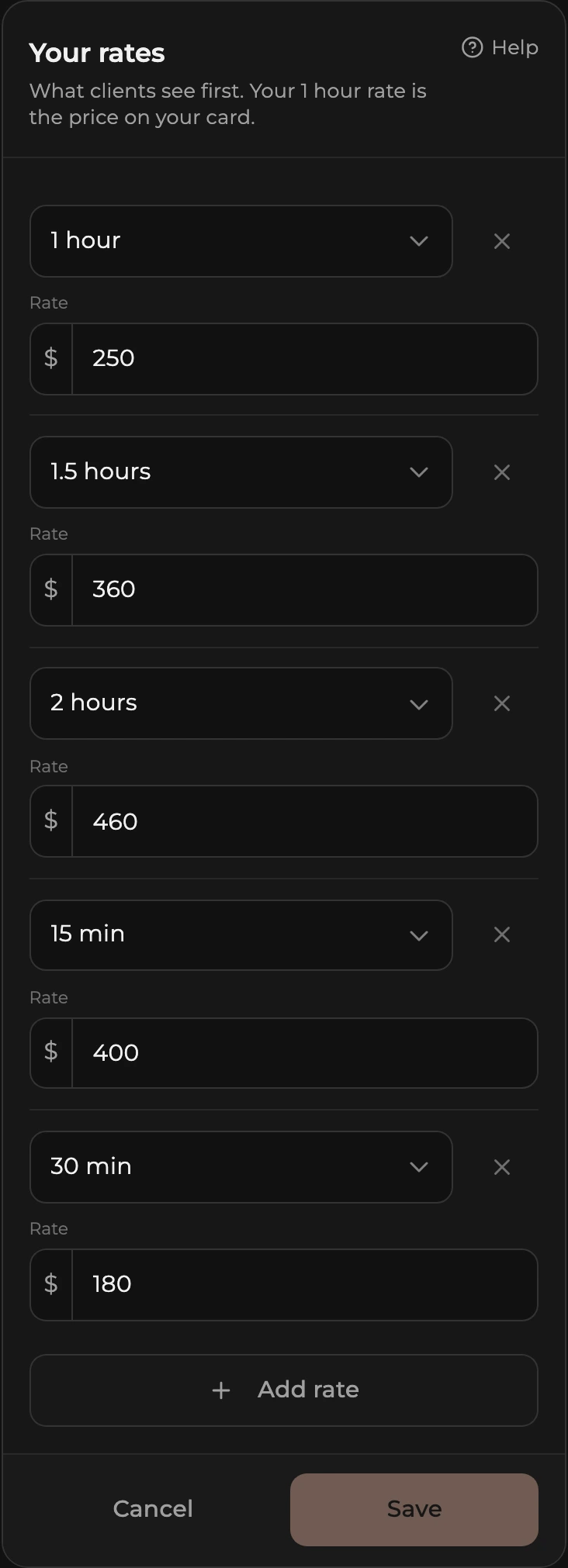 The Your rates card in edit mode: a duration dropdown and a price field per row, an x to remove a row, an Add rate button, and Cancel and Save.