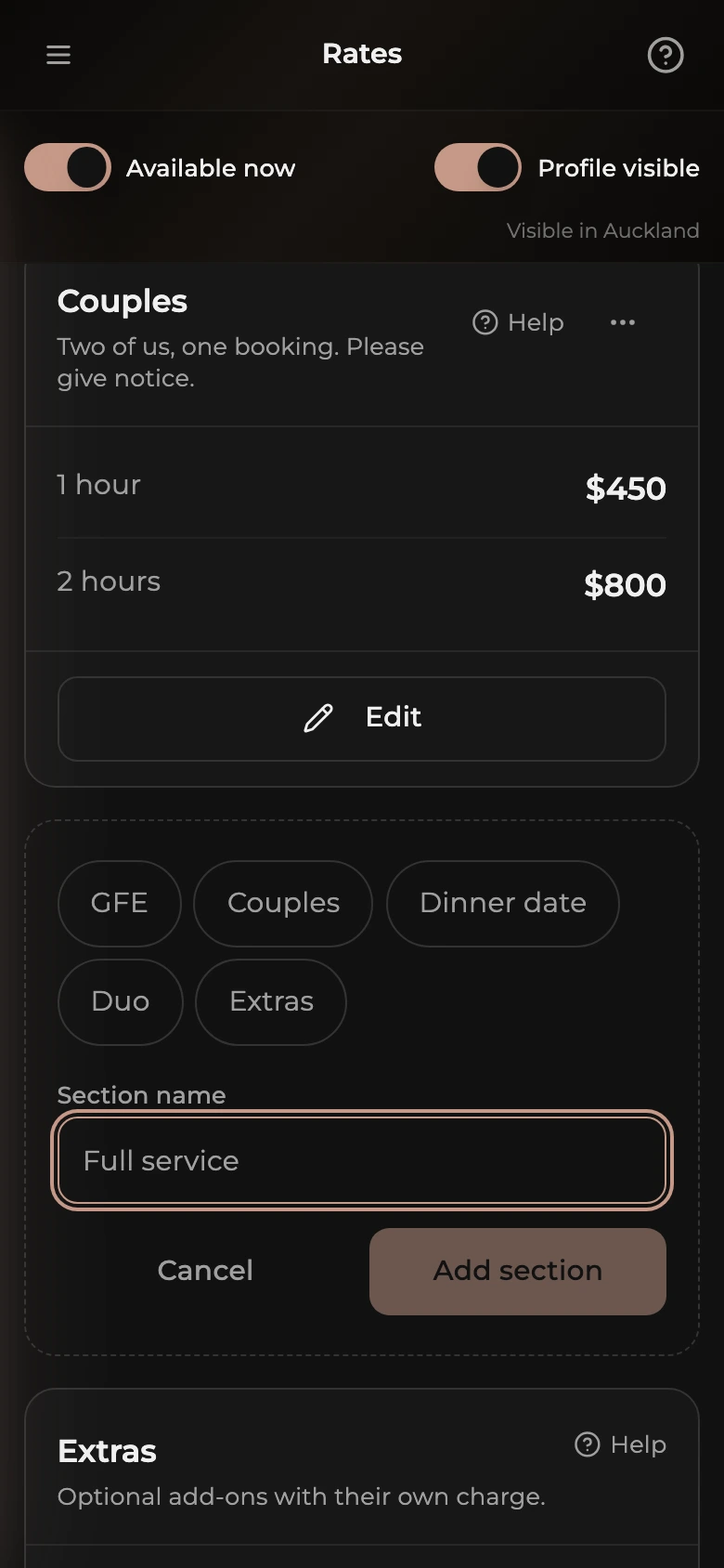 The new rate section form: suggested name chips and a Section name field, with Cancel and Add section buttons.