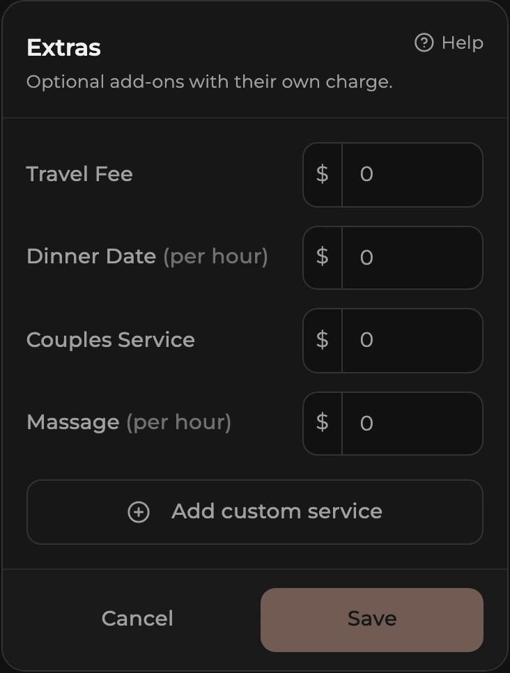 The Extras card in edit mode: a price field for each built-in extra and an Add custom service button.