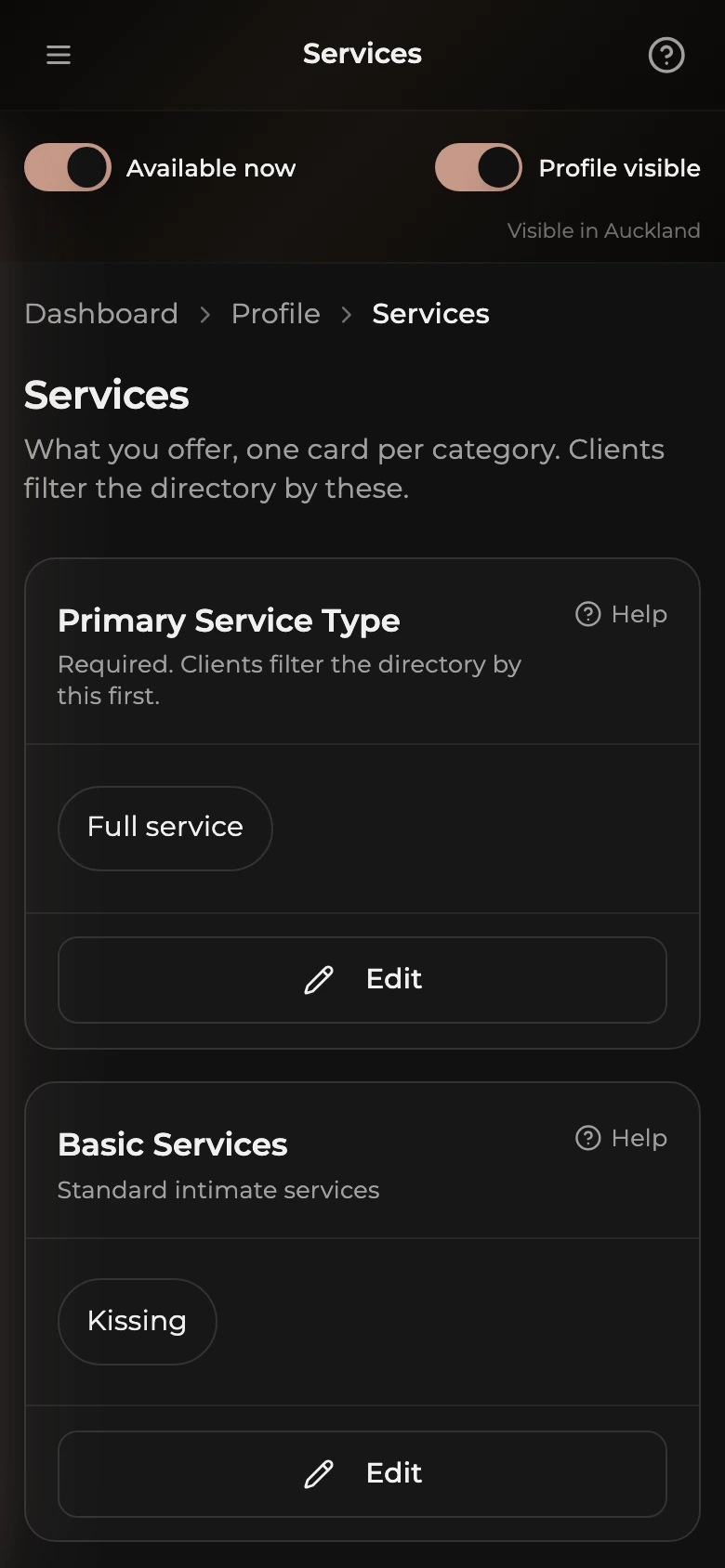 The Services page on a phone: the Primary Service Type card at the top, then a card for each category such as Basic Services and Extended Services, each listing the selected services as chips with an Edit button.