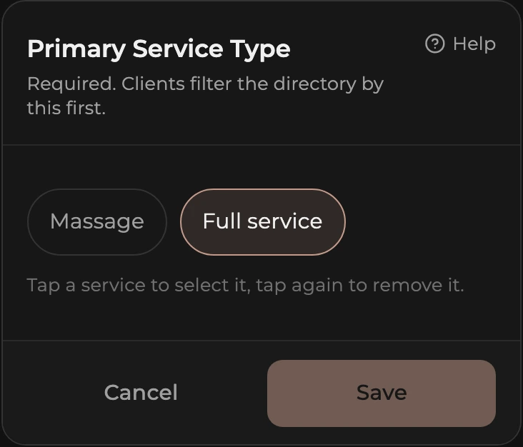 The Primary Service Type card in edit mode with Massage and Full service chips.