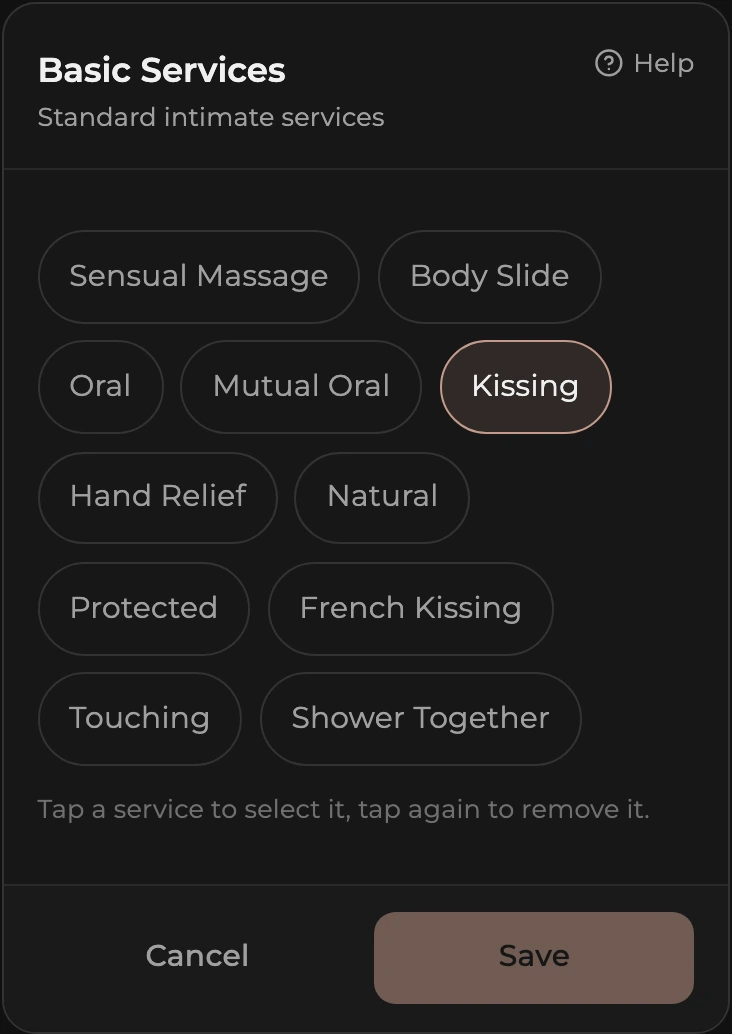 The Basic Services card in edit mode showing the services as chips, selected ones highlighted.