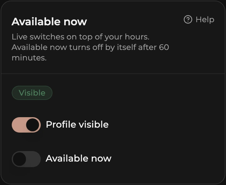 The Available now card: a Visible status pill, the Profile visible switch on, and the Available now switch off.