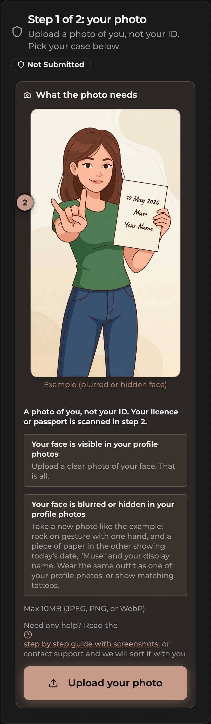 Step 1 of 2 on the Verification page: the What the photo needs panel with the example photo and the two cases, then the Upload your photo button.