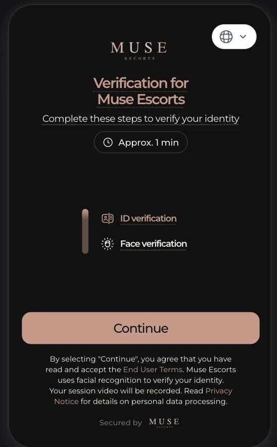 Start screen of the ID check, listing ID verification and face verification, with a Continue button.