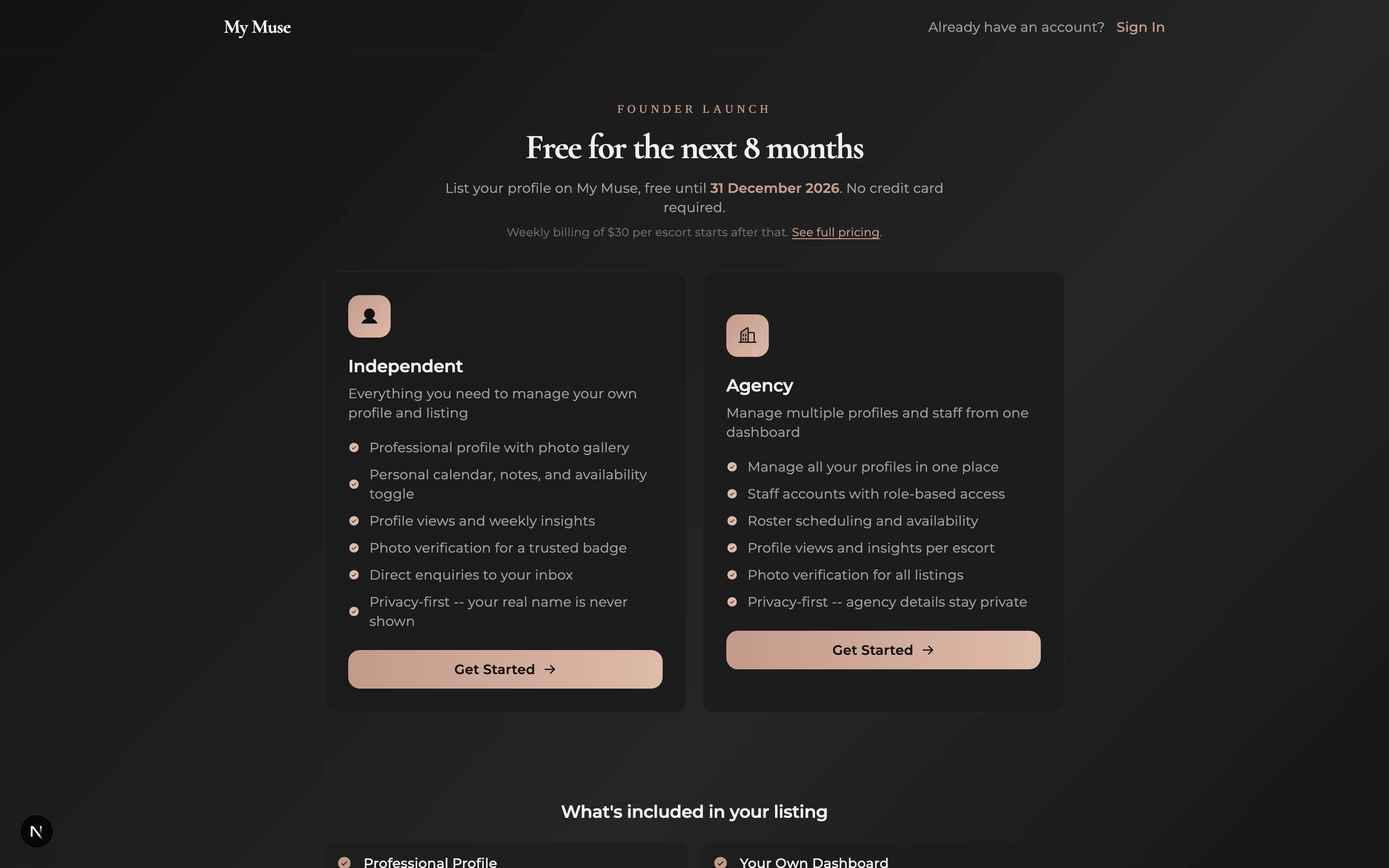 Signup page showing a choice between Independent and Agency accounts