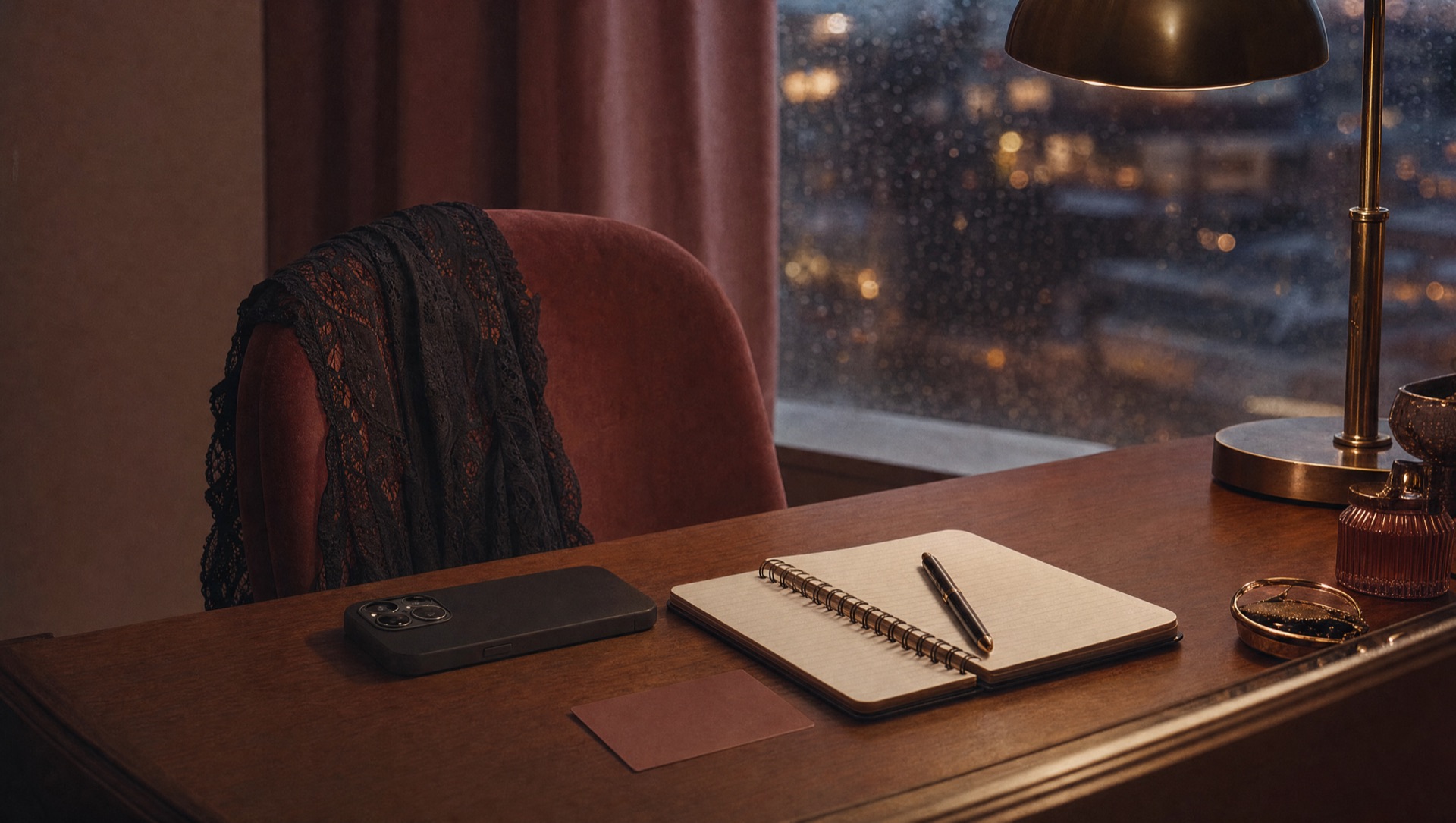 A phone lying face down beside an open notebook and pen on a wooden desk, a black lace robe over a velvet chair and rain on the window behind