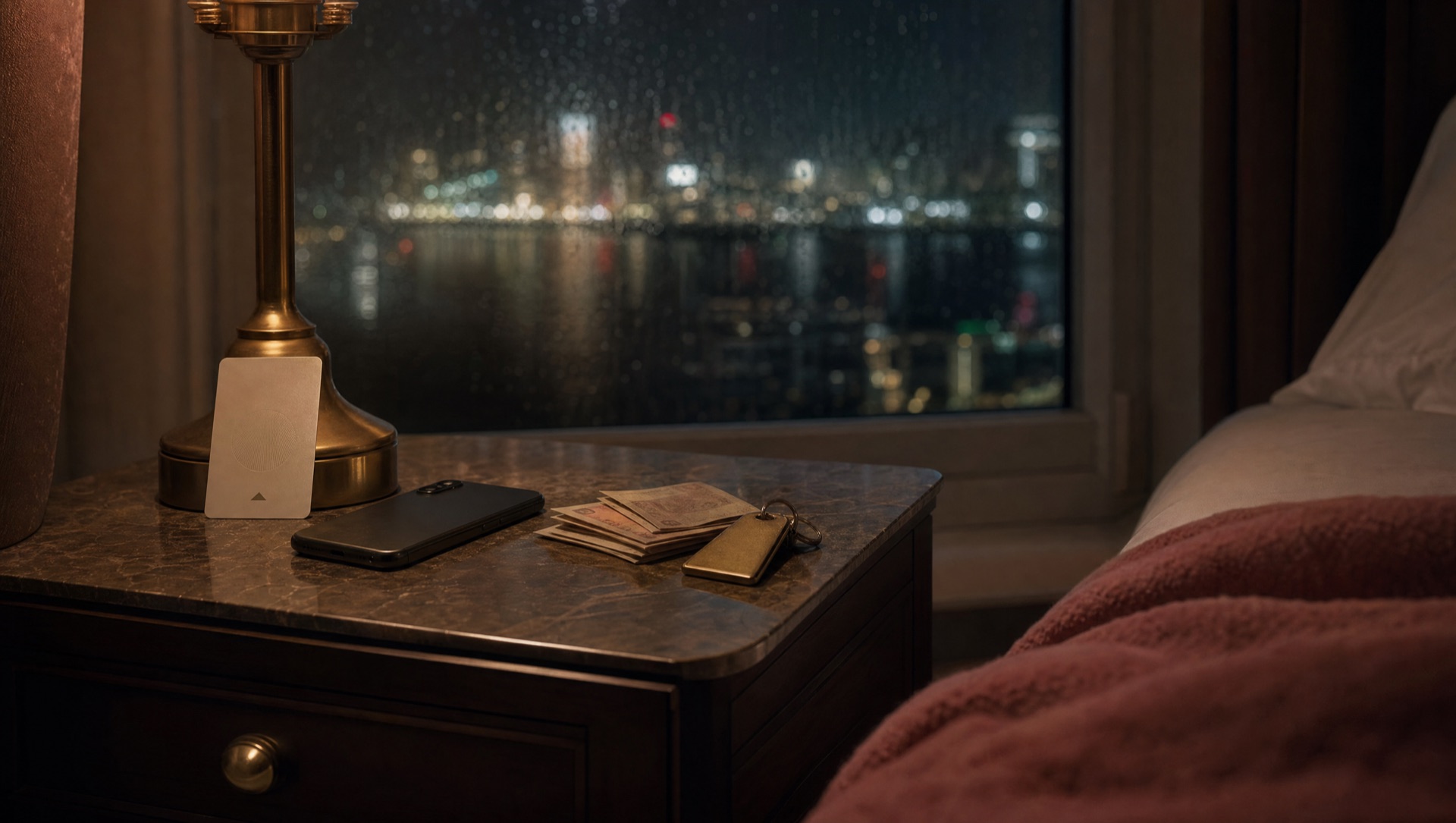 Hotel key card leaning on a brass lamp beside a phone and folded cash on a bedside table, city lights through a rainy window