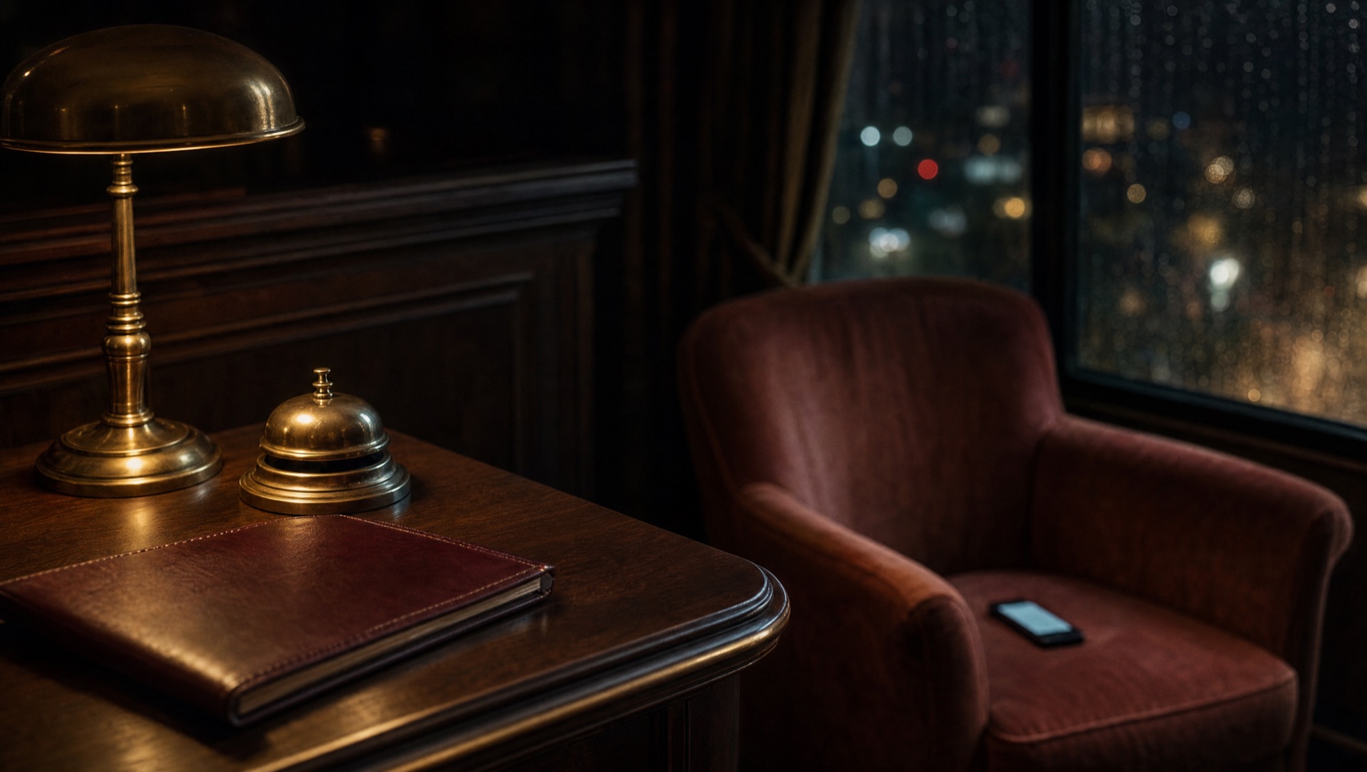 A brass reception bell and a leather appointment book on a dark wood desk, a phone lit on a rose velvet armchair by a rainy window at night